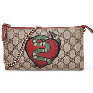 Gucci GG Red Brown Monogram Leather Heart Snake Clutch Wristlet Chain Bag Lux
